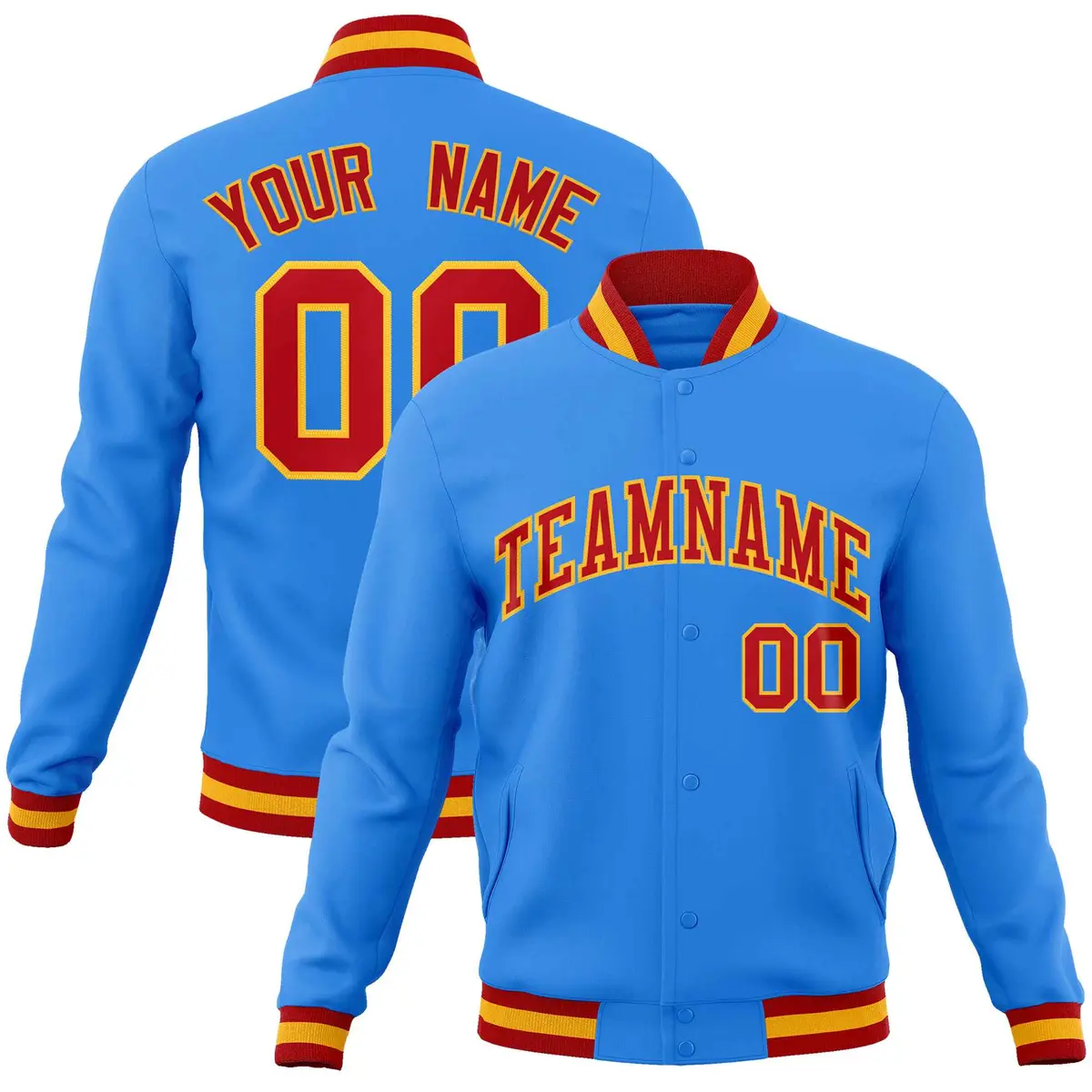 Powder Blue Red-Gold Varsity Full-Snap Letterman Jacket