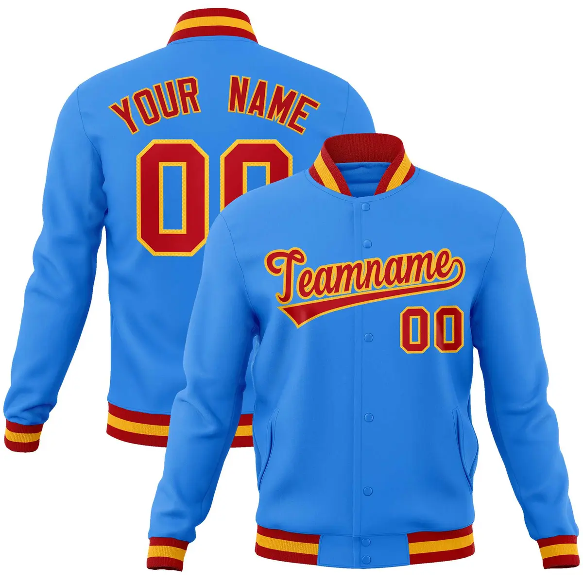 Powder Blue Red-Gold Varsity Full-Snap Letterman Jacket