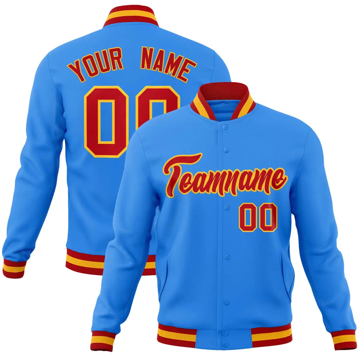 Powder Blue Red-Gold Varsity Full-Snap Letterman Jacket