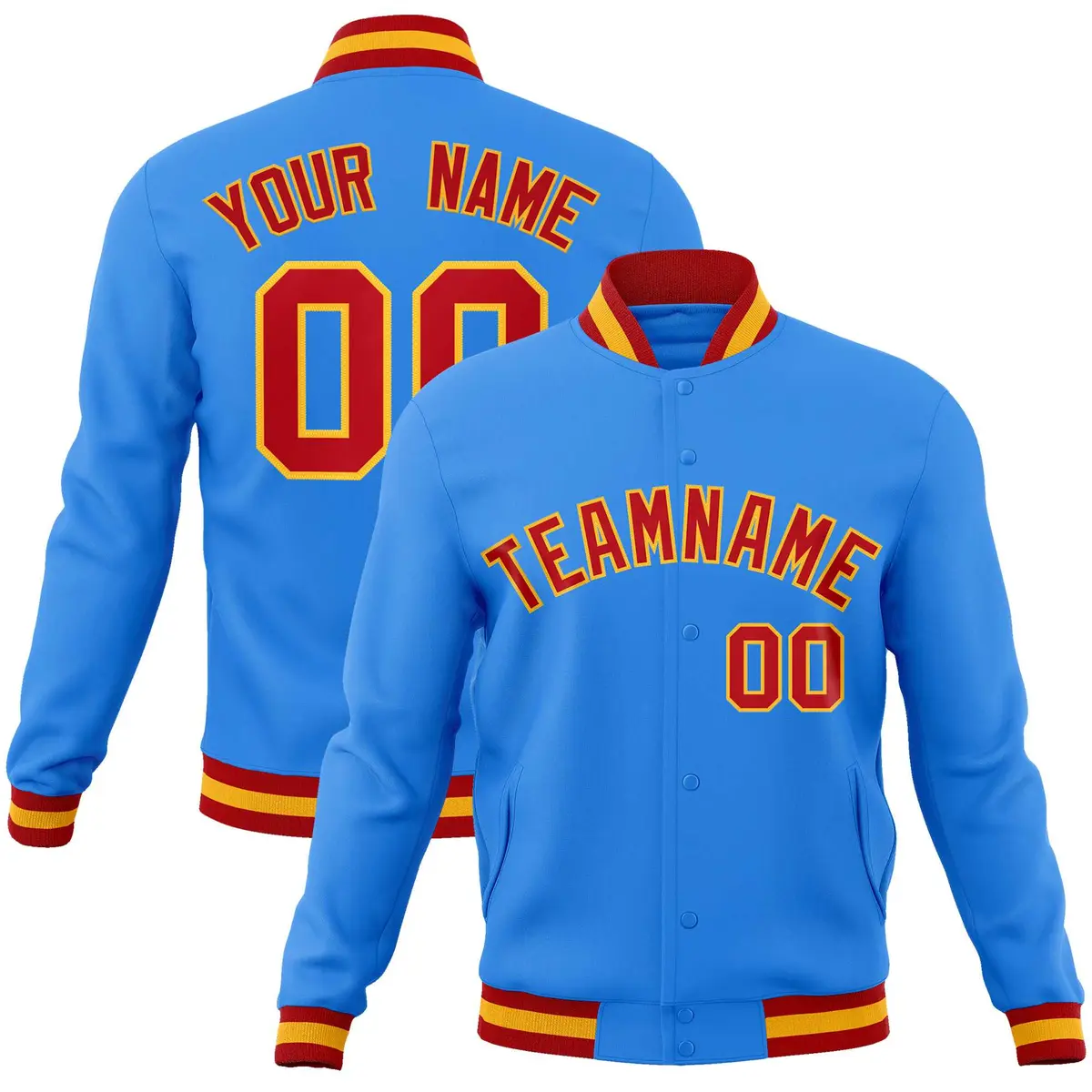 Powder Blue Red-Gold Varsity Full-Snap Letterman Jacket