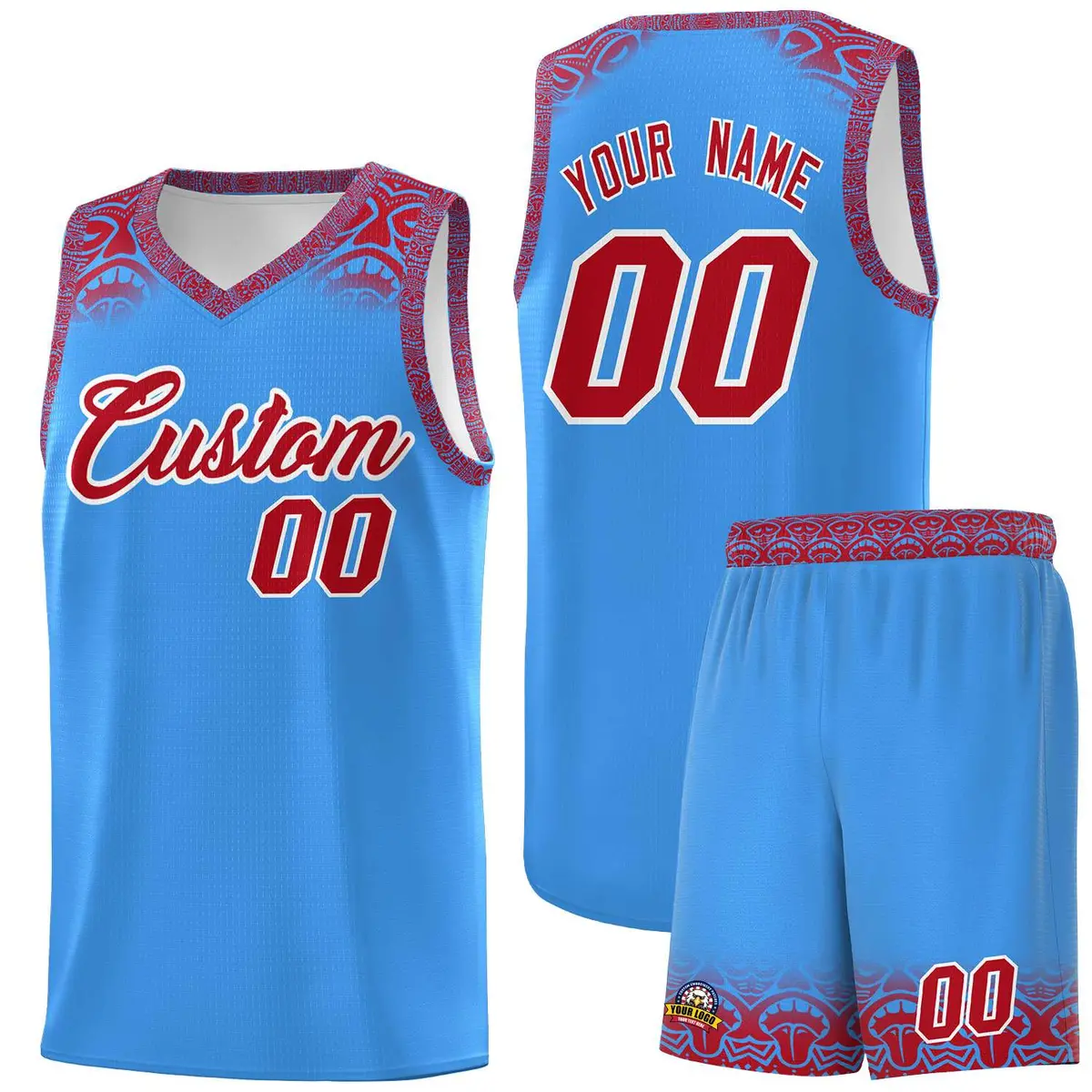 Powder Blue Red Indians Print Basketball Uniform Jersey