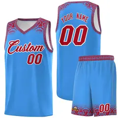 Powder Blue Red Indians Print Basketball Uniform Jersey 1