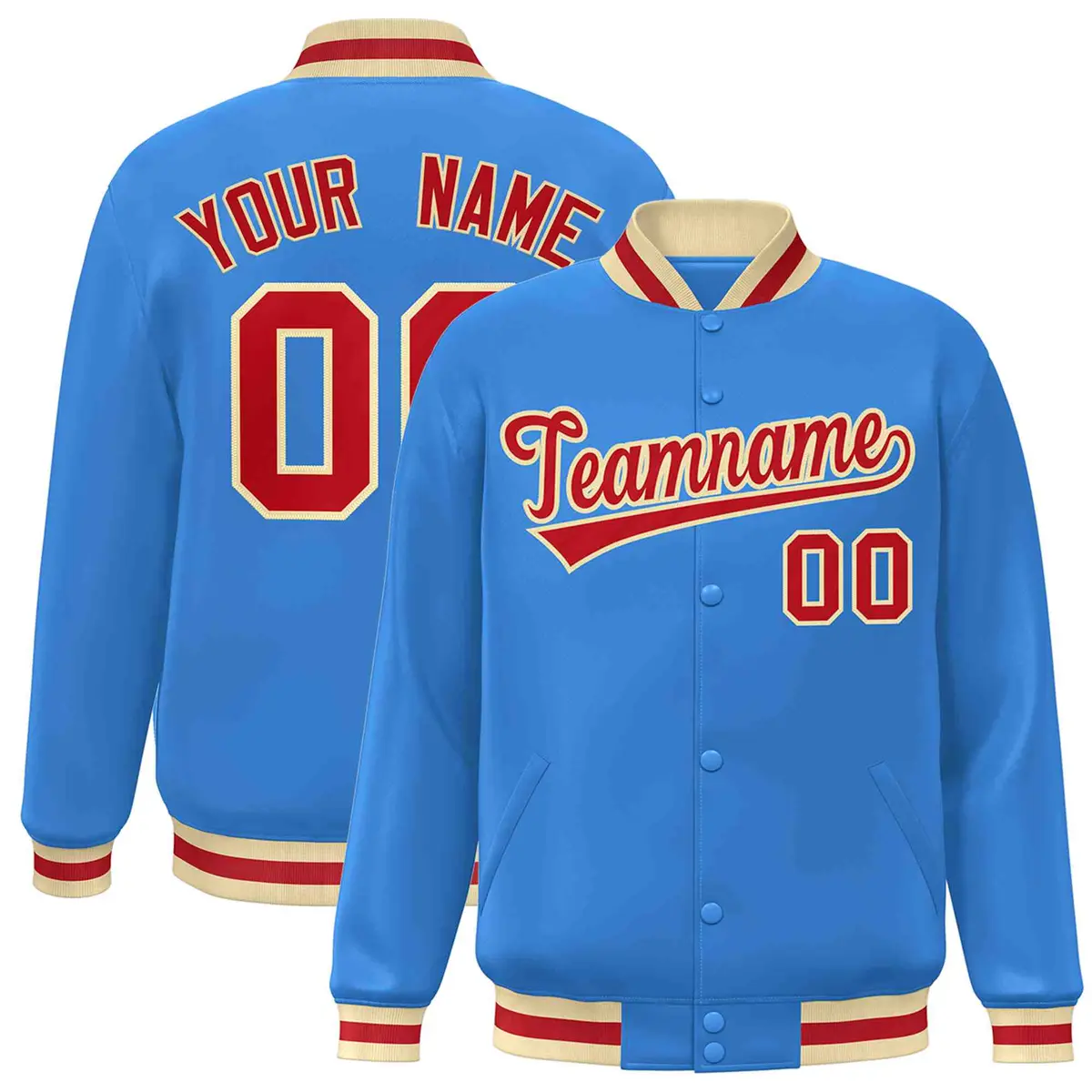 Powder Blue Red-Khaki Varsity Full-Snap Letterman Jacket