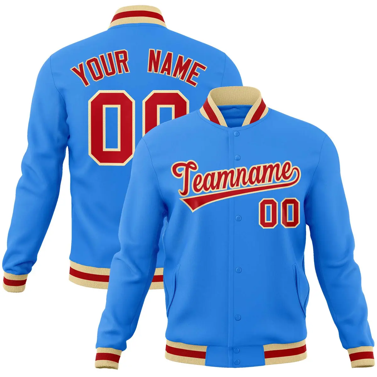 Powder Blue Red-Khaki Varsity Full-Snap Letterman Jacket