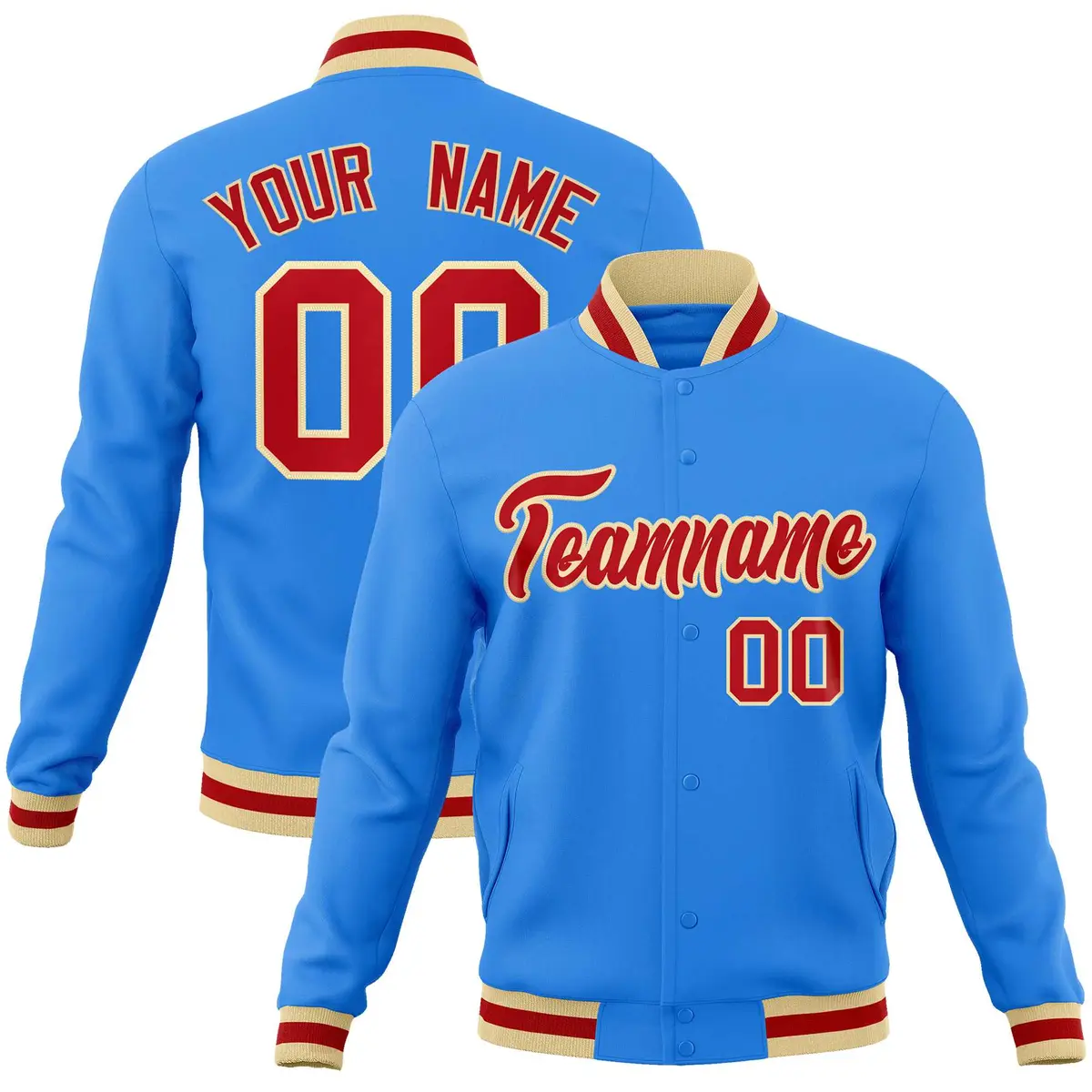 Powder Blue Red-Khaki Varsity Full-Snap Letterman Jacket