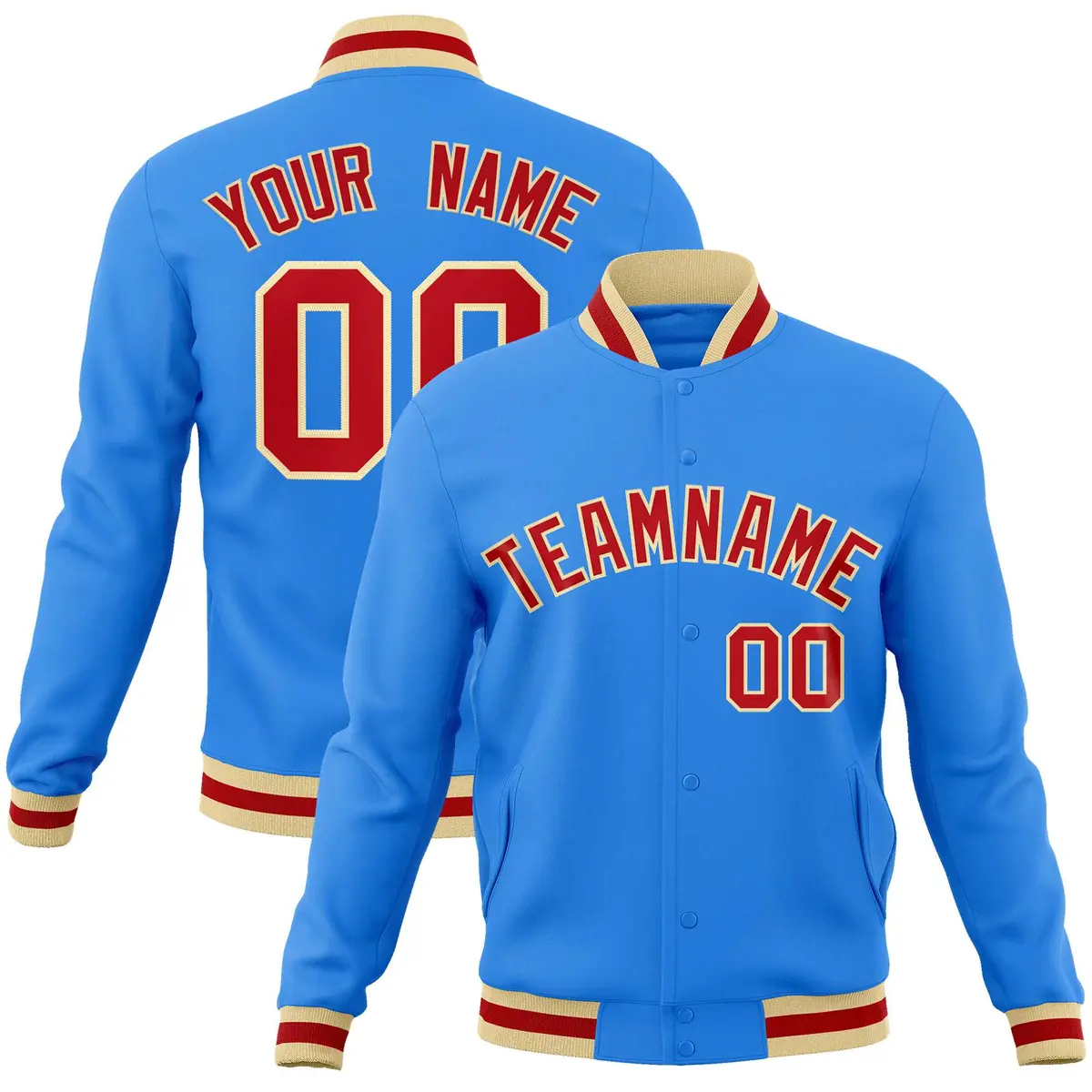 Powder Blue Red-Khaki Varsity Full-Snap Letterman Jacket