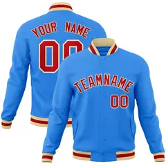 Powder Blue Red-Khaki Varsity Full-Snap Letterman Jacket 1