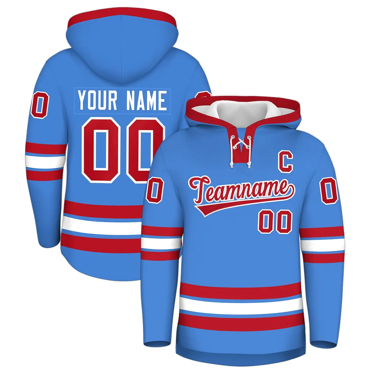 Powder Blue Red Lace-Up Neck Hockey Hoodie Classic Style
