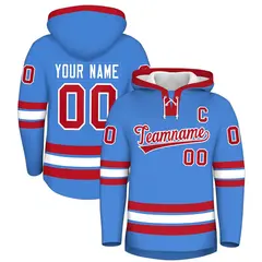 Powder Blue Red Lace-Up Neck Hockey Hoodie Classic Style 1