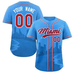 Powder Blue Red Miami City Skyline Baseball Jersey 1
