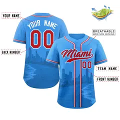 Powder Blue Red Miami City Skyline Baseball Jersey 2