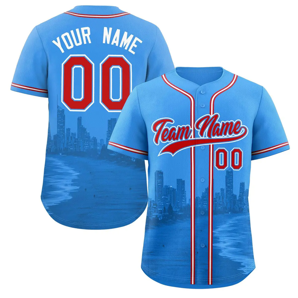 Powder Blue Red Miami City Skyline Baseball Jersey