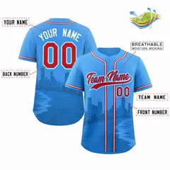Powder Blue Red Miami City Skyline Baseball Jersey 2