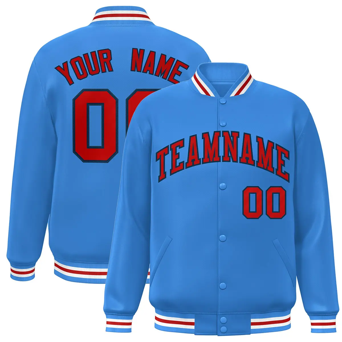 Powder Blue Red-Navy Two Tone Letterman Varsity Full-Snap Jacket