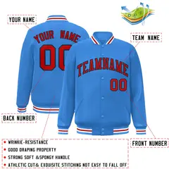 Powder Blue Red-Navy Two Tone Letterman Varsity Full-Snap Jacket 2