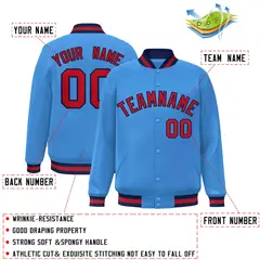 Powder Blue Red-Navy Varsity Full-Snap Letterman Jacket 2