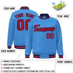 Powder Blue Red-Navy Varsity Full-Snap Letterman Jacket 2