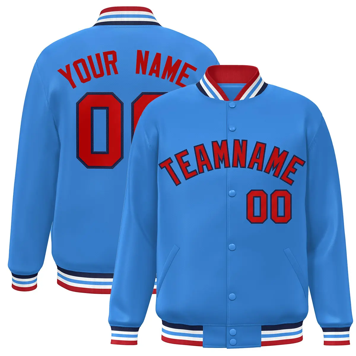 Powder Blue Red-Navy Varsity Full-Snap Letterman Jacket