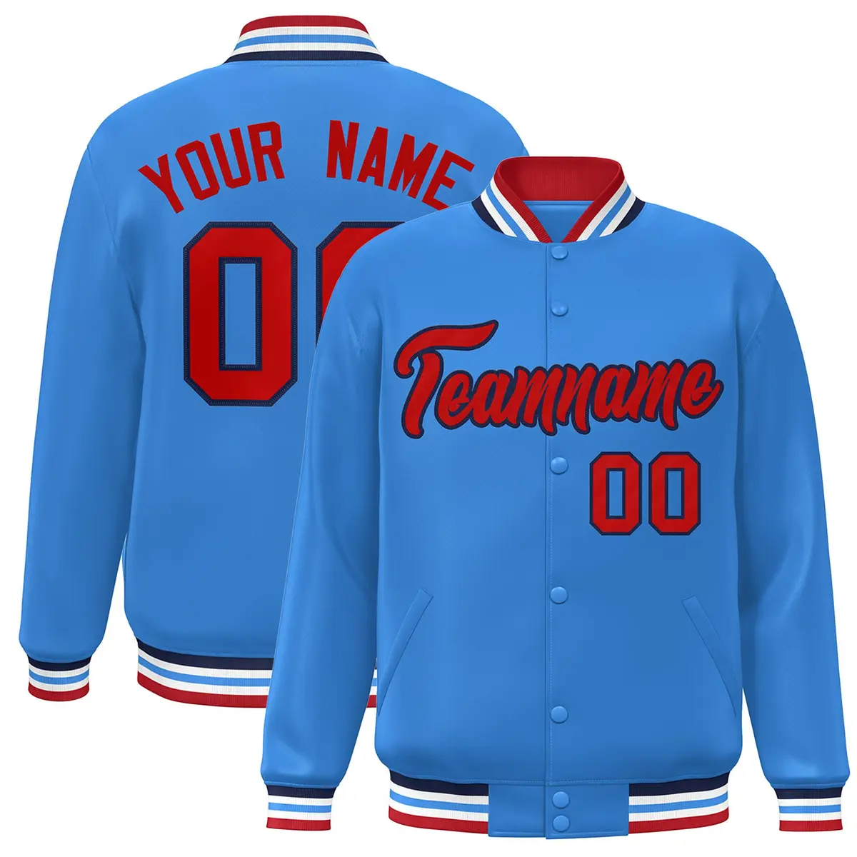 Powder Blue Red-Navy Varsity Full-Snap Letterman Jacket