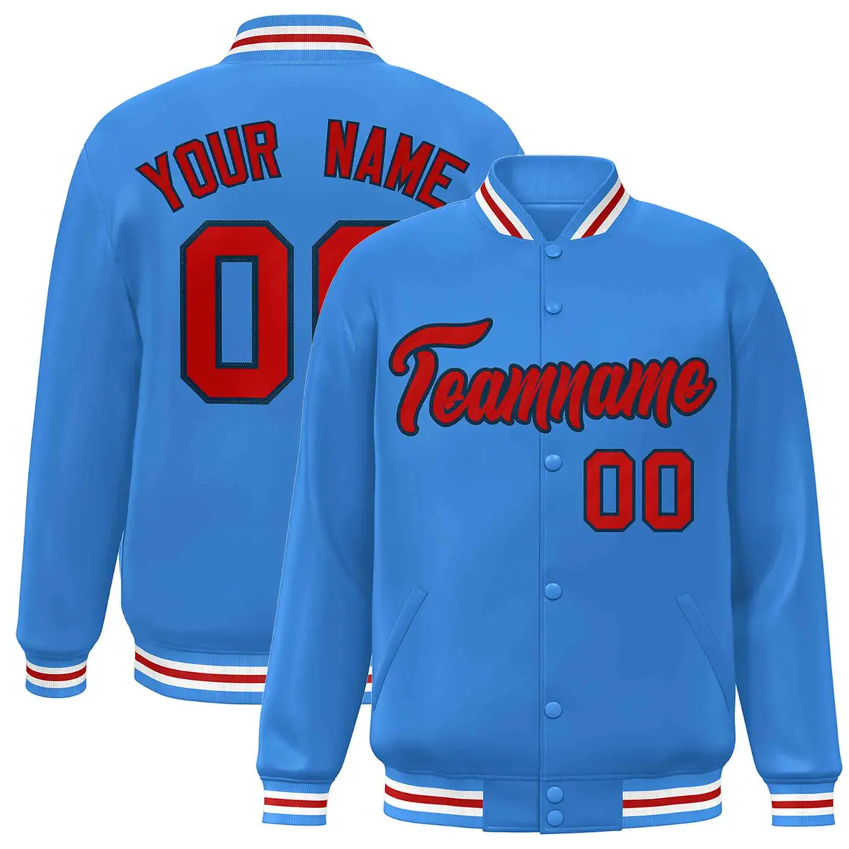 Powder Blue Red-Navy Varsity Full-Snap Letterman Jacket