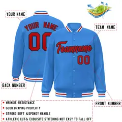 Powder Blue Red-Navy Varsity Full-Snap Letterman Jacket 2