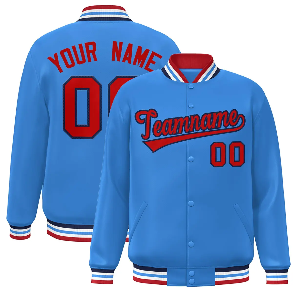 Powder Blue Red-Navy Varsity Full-Snap Letterman Jacket