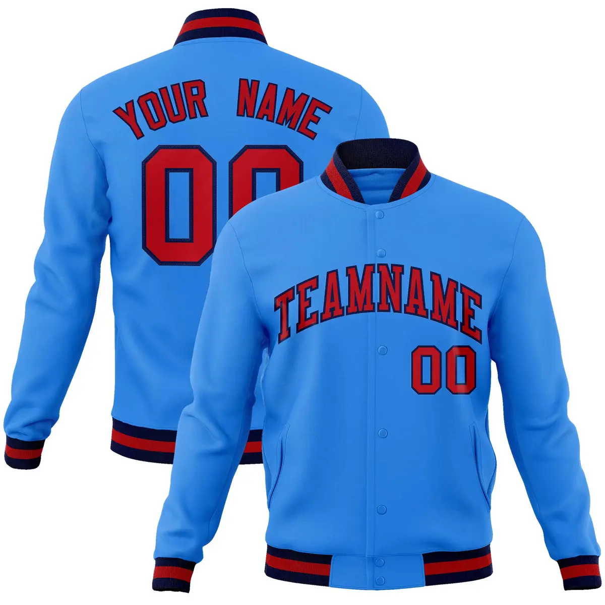 Powder Blue Red-Navy Varsity Full-Snap Letterman Jacket