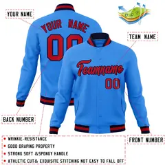 Powder Blue Red-Navy Varsity Full-Snap Letterman Jacket 4
