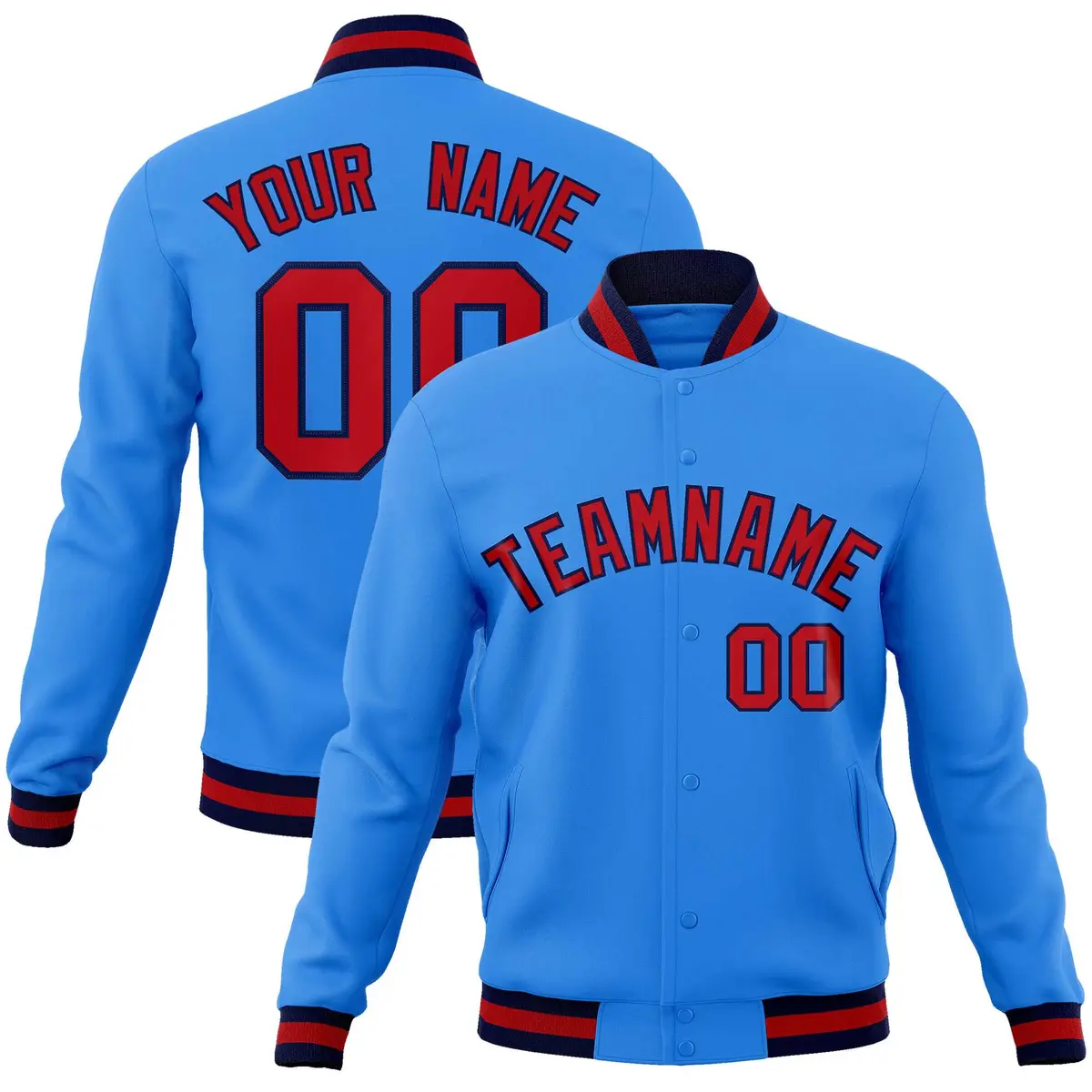 Powder Blue Red-Navy Varsity Full-Snap Letterman Jacket