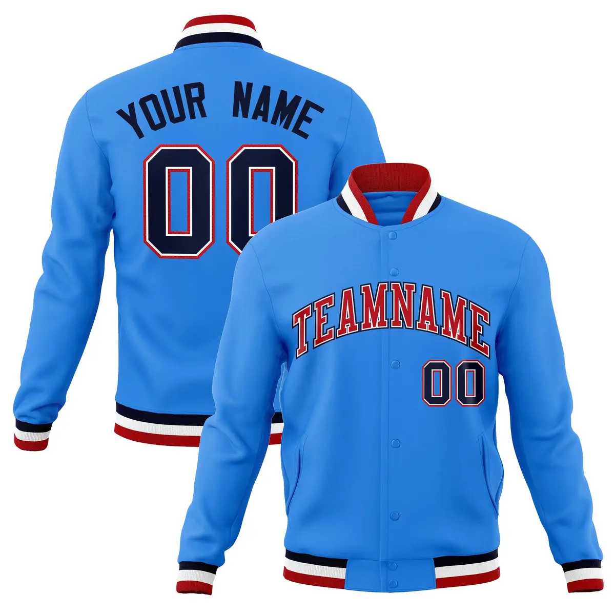 Powder Blue Red-Navy Varsity Full-Snap Letterman Jacket