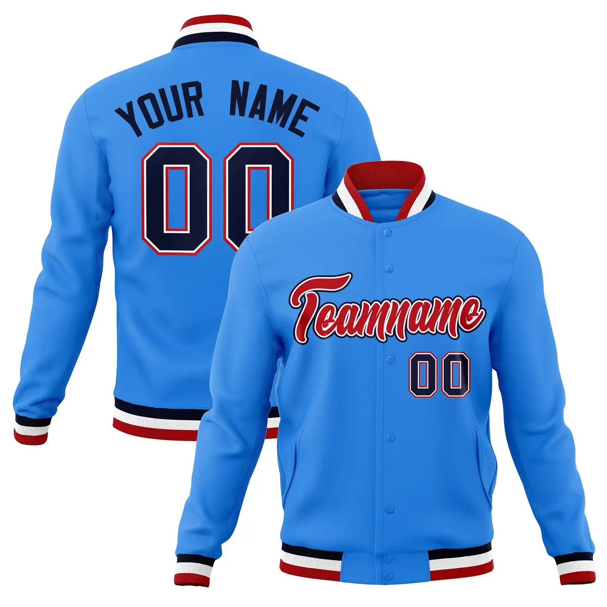 Powder Blue Red-Navy Varsity Full-Snap Letterman Jacket