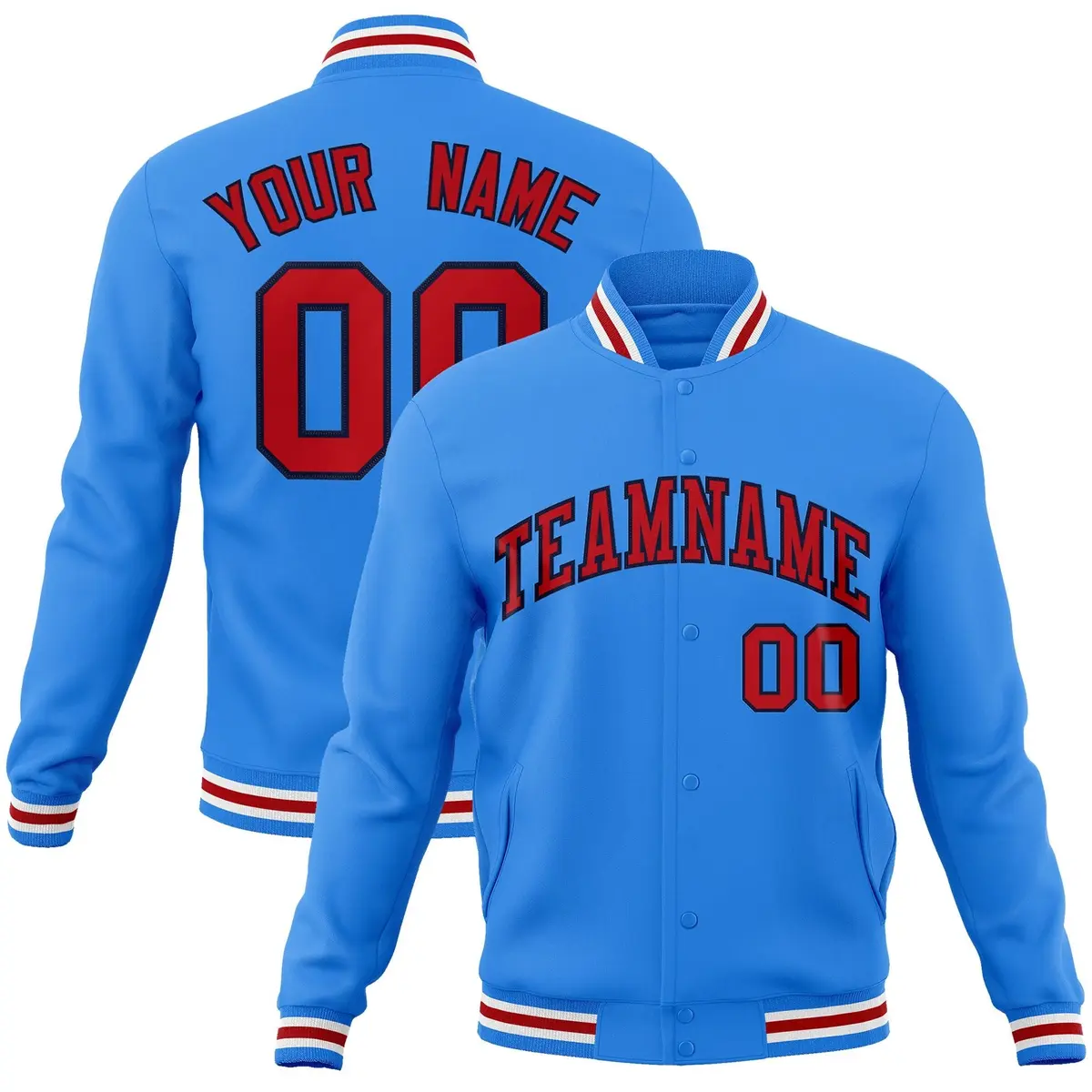 Powder Blue Red-Navy Varsity Full-Snap Letterman Jacket