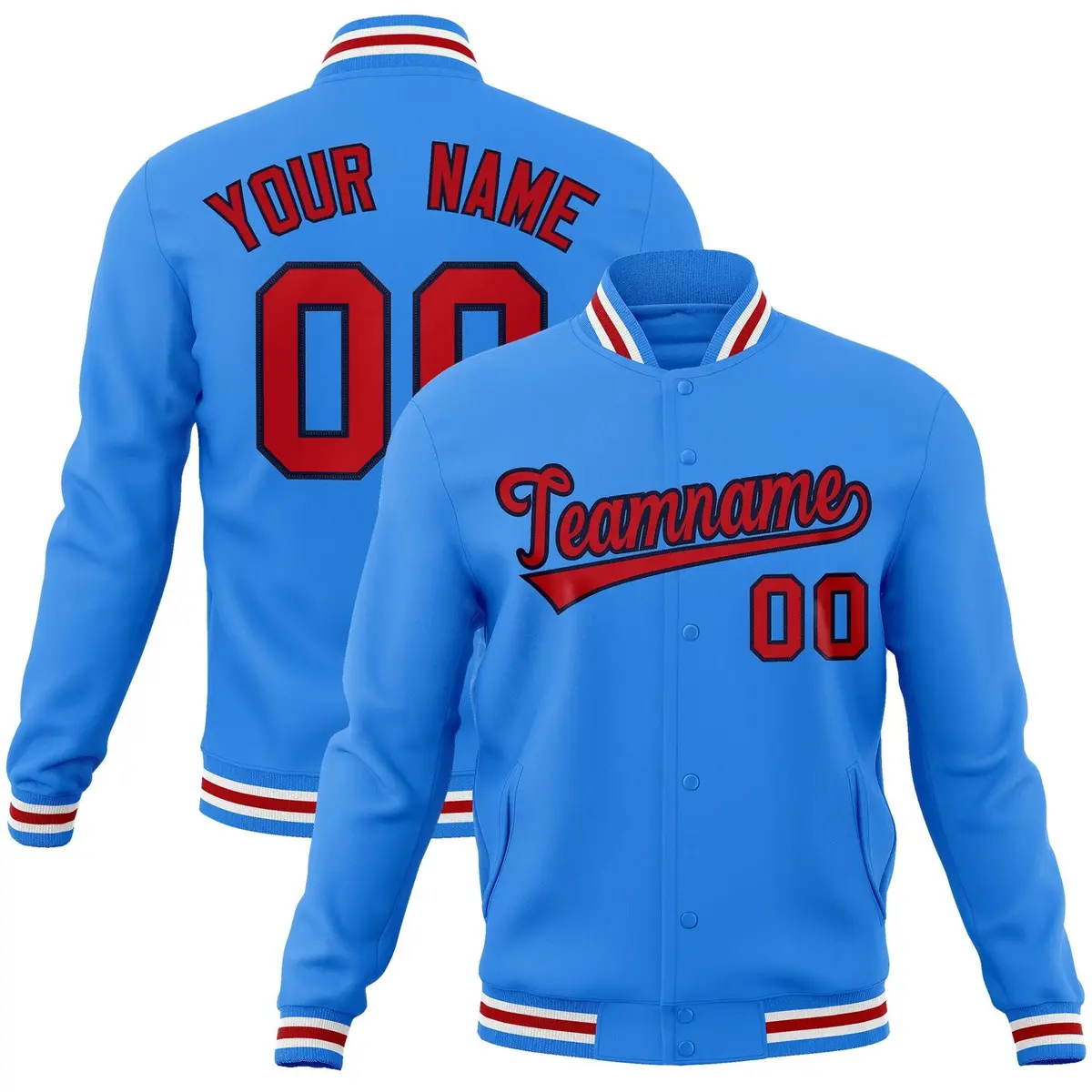 Powder Blue Red-Navy Varsity Full-Snap Letterman Jacket