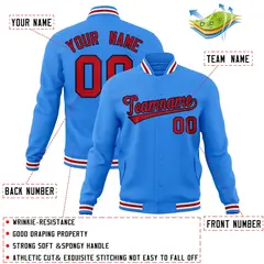 Powder Blue Red-Navy Varsity Full-Snap Letterman Jacket 4