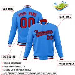 Powder Blue Red-Navy Varsity Full-Snap Letterman Jacket 4