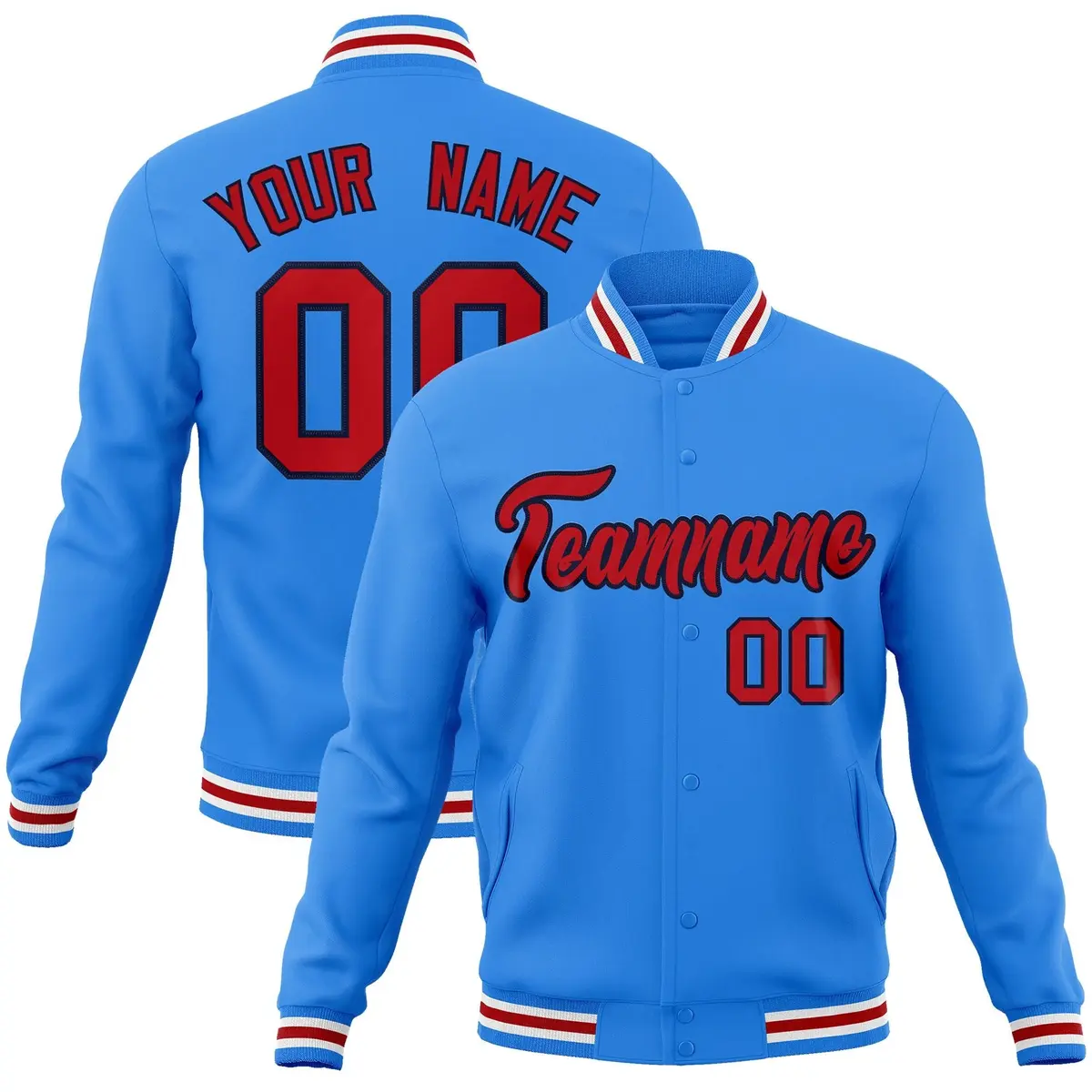 Powder Blue Red-Navy Varsity Full-Snap Letterman Jacket