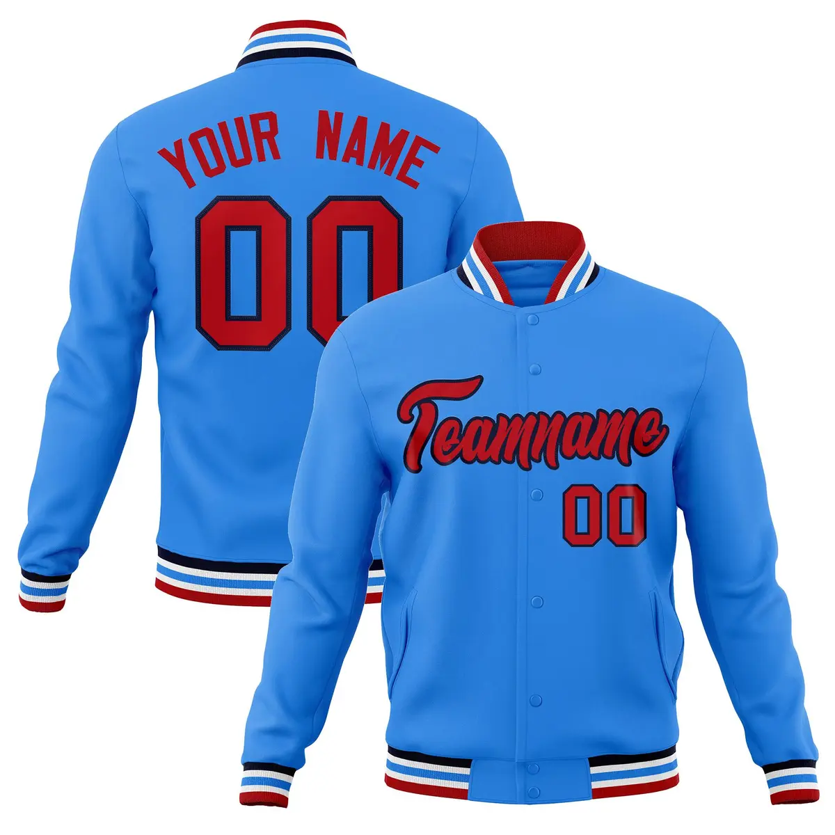 Powder Blue Red-Navy Varsity Full-Snap Letterman Jacket