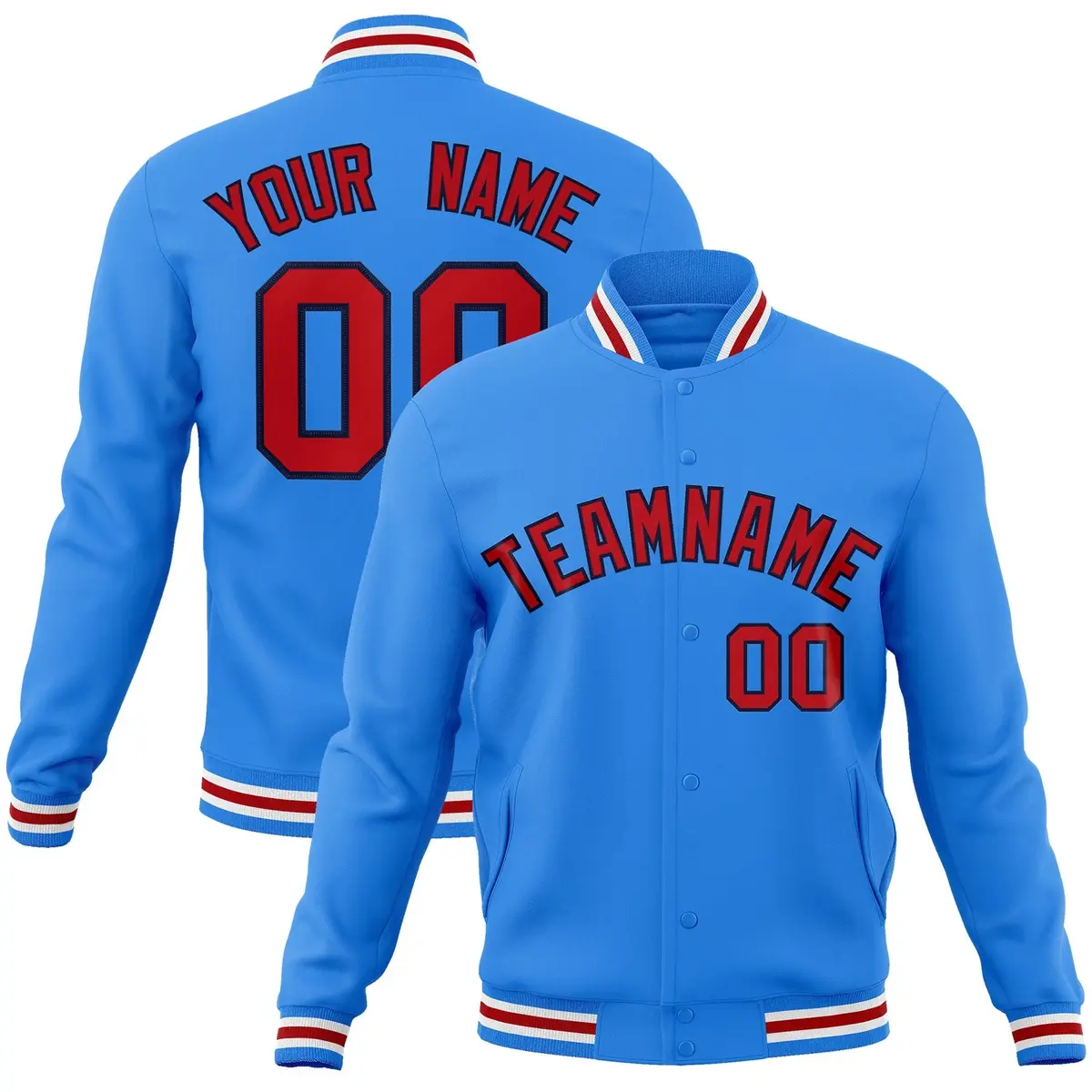 Powder Blue Red-Navy Varsity Full-Snap Letterman Jacket