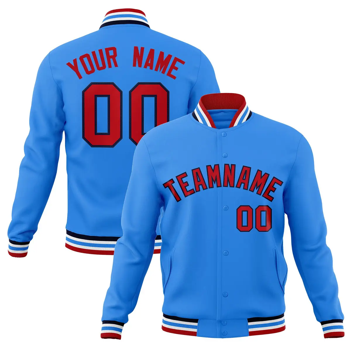 Powder Blue Red-Navy Varsity Full-Snap Letterman Jacket
