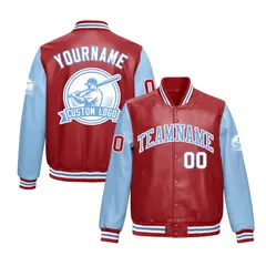 Powder Blue Red Raglan Full-Snap Faux Leather Letterman Jacket