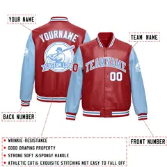 Powder Blue Red Raglan Full-Snap Faux Leather Letterman Jacket 2