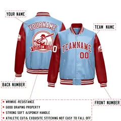 Powder Blue Red Raglan Full-Snap Faux Leather Letterman Jacket 2