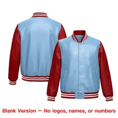 Powder Blue Red Raglan Full-Snap Faux Leather Letterman Jacket 6