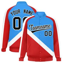 Powder Blue Red Raglan Full-Snap Letterman Baseball Jacket 1