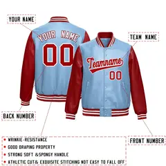 Powder Blue Red Raglan Full-Snap Varsity Faux Leather Letterman Jacket 2