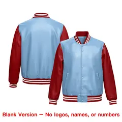 Powder Blue Red Raglan Full-Snap Varsity Faux Leather Letterman Jacket 6