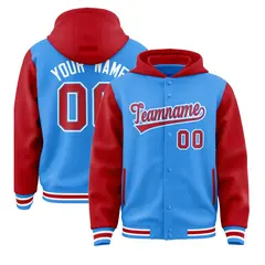 Powder Blue Red Raglan Full-Snap Varsity Two Tone Letterman Hoodie