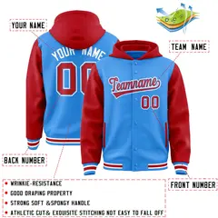Powder Blue Red Raglan Full-Snap Varsity Two Tone Letterman Hoodie 4