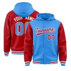 Powder Blue Red Raglan Full-Snap Varsity Two Tone Letterman Hoodie