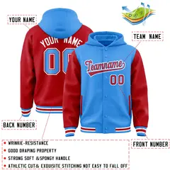 Powder Blue Red Raglan Full-Snap Varsity Two Tone Letterman Hoodie 4